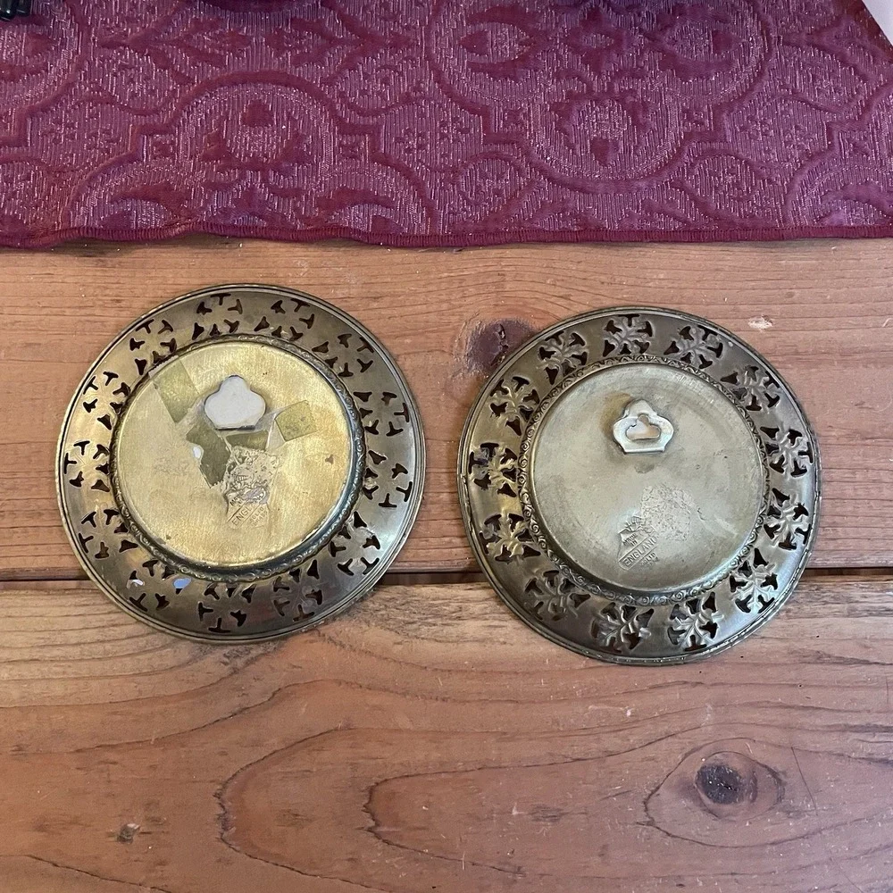 Vintage MCM/Hollywood Regency Brass Framed Foil Art Wall Decor Set Of 2  5.5